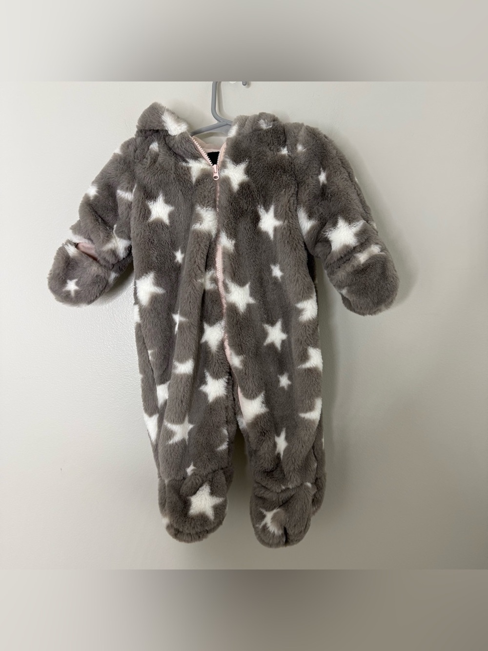 Me Jane Mini Plush Star Print Hooded One-Piece Gray/White Baby 6 Months Winter